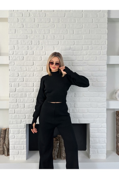 LE CARAMBOLE Women's Black Half-High Neck Knitwear Top and Bottom Set