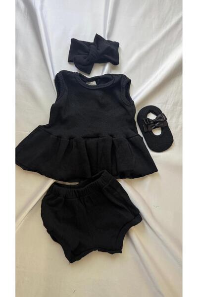 Al Ver Gülüm Siyah Ribana Bebek-Çocuk Şort Bluz Bandana Babet Çorap
