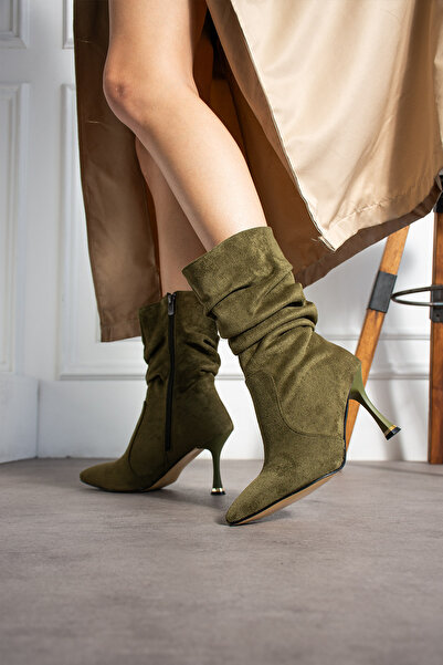 BERFONA Helen Khaki Cow Suede 7 cm Heel Pointed Toe Boots Botti̇e