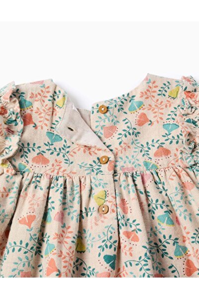 Ziddy Colourful Floral Motif Twill Tunic for Baby Girls, Beige