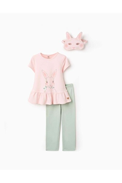 Ziddy Cotton Pyjama with Bunny Mask for Girls, Pink/Green
