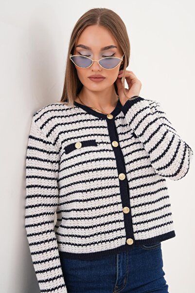 ŞİMAL Women's Stripe Patterned Pocket Detailed Buttoned Knitwear Knitted Cardigan 255223 -