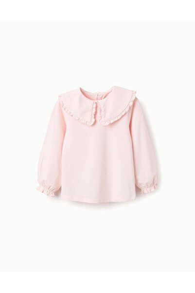 Ziddy T-shirt with Maxi Collar and Frill Contour for Girls, Pink