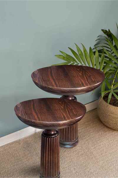 Simillo Home&Living Rustik Ahşap Yan Sehpa Seti – 2’li Masif Ceviz Renk Zigon...