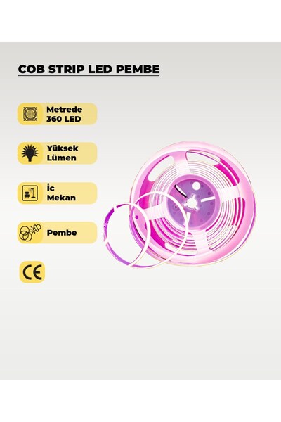 AC AYDINLATMA 12V COB Şerit Led Pembe Işık - Metrede 360 Led - 5 Metre
