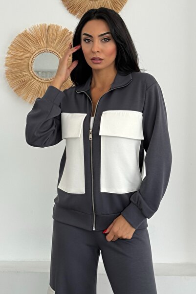 Ded COLLECTION Women's Large Flap Pocket Detailed Zippered Top Wide Leg Bottom Modal Set