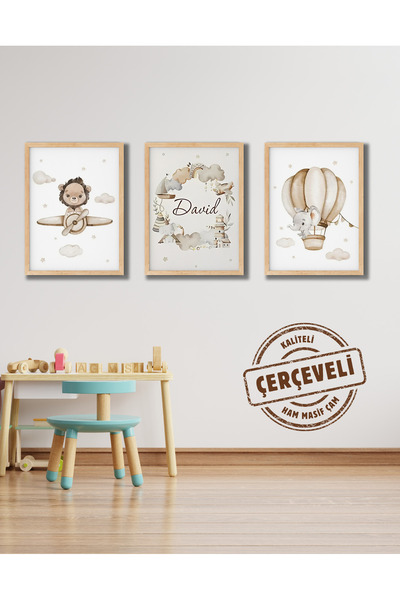 TABLOX Kișiye Özel İsimli Bebek Çocuk Odası Dekoratif Ahşap Çerçeveli Tablo Aslan ve Fil