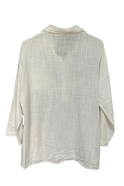 SUMEF Kadın Mavi Payet Cepli Yıkamalı Gömlek yaka | %100 Organik Pamuk Rahat Kalıp Bluz