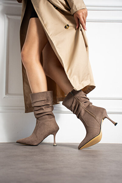 BERFONA Helen Mink Cow Suede 7 cm Heel Pointed Toe Boots Botti̇e