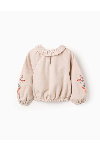 Ziddy Twill Blouse with Ruffles and Flower Embroidery for Girls, Beige