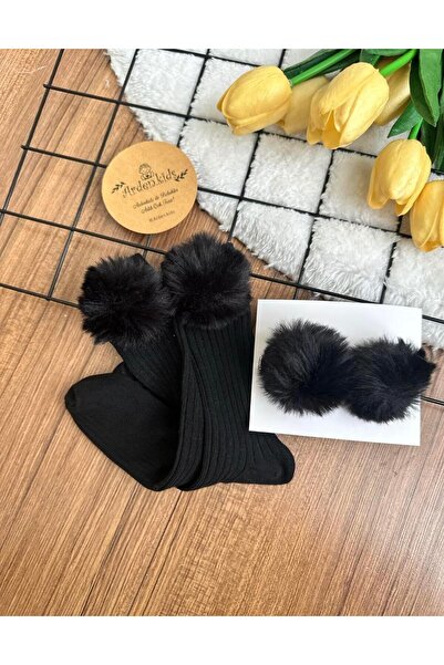 Dündar 1-15 Yaş Siyah Ponpon Çorap & Ponpon Klips Takım