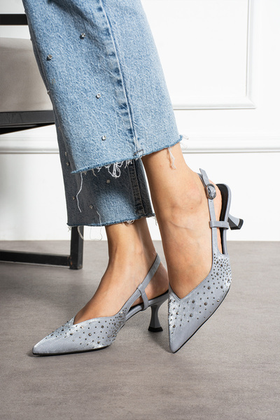 Güllü Shoes Gray Stone Detailed Thin Heeled Slingback Stiletto - Stylish and Elegant Evening Dress Women's Shoes