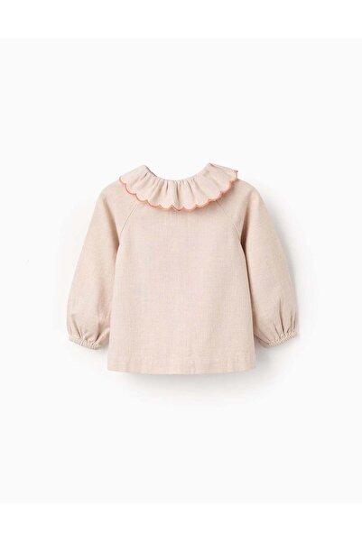 Ziddy Flower Embroidered Twill Shirt for Baby Girls, Beige