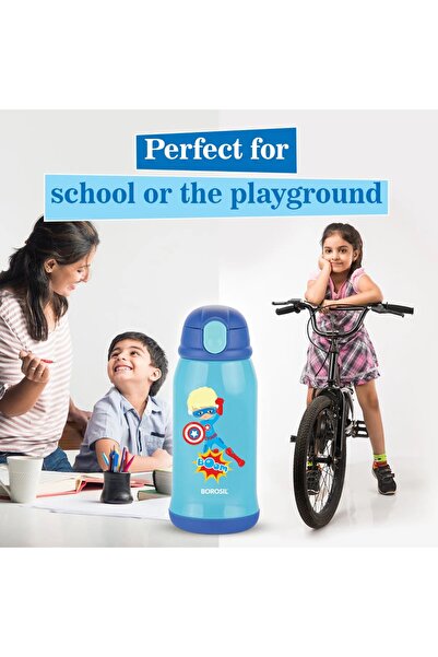 Borosil Superhero Kids Sipper Water Bottle 500ml, Stainless Steel, Hot & Cold 12 Hrs,Straw & Carry Bag-Blue