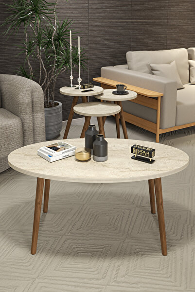 GOLDFALEZ Orta Sehpa Ve 3 Lü Zigon Sehpa Torna Elips Traverten