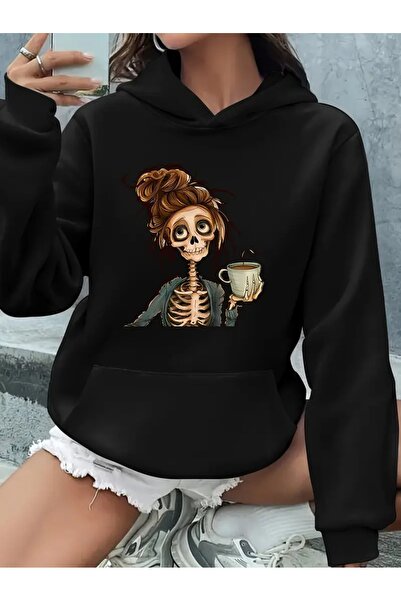 WOODROFFE Hanorac pentru femei Kahvekolik cu imprimeu schelet, gri, negru, oversize, largi