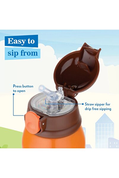 Borosil Tigry Kids Sipper Water Bottle 500ml, Stainless Steel, Hot & Cold 12 Hrs, Straw & Carry Bag-Orange