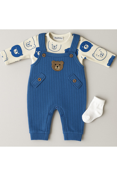 MYZİ STORE Bebek Erkek 3'lü Tulum Takımı - Ayıcık Desenli Badi Ayı Nakışlı Mavi Salopet Ve Çorap Seti Pamuklu