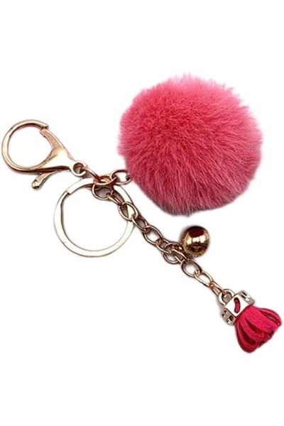 O Ozone سلسلة مفاتيح بومبوم صغيرة من الفرو الصناعي مع حلقة مفاتيح مطلية بالذه...