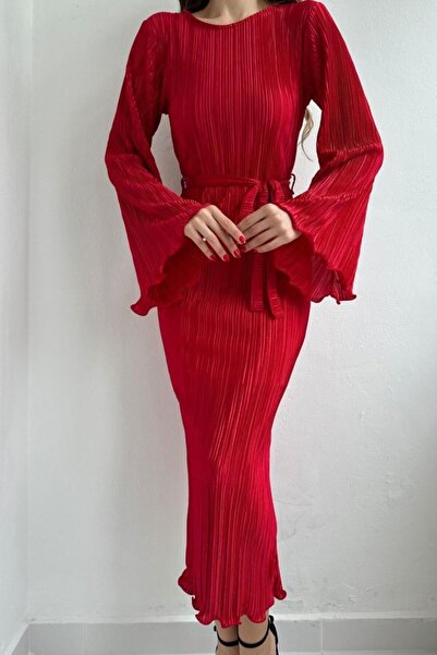 VİZYONER Red Spanish Sleeve Pleated Dress