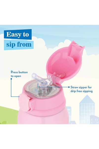 Borosil Princess Kids Sipper Water Bottle 500ml, Stainless Steel, Hot & Cold 12 Hrs, Straw & Carry Bag-Pink