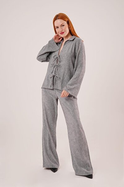 EPSWorld    Front Tie Detailed Trousers and Shirt Anthracite Double Suit