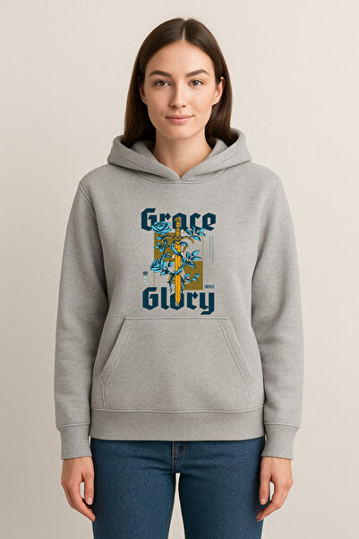 MODA سويت شيرت بقلنسوة مطبوع عليه جريس جلوري (خيطين)