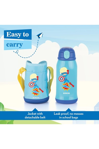 Borosil Superhero Kids Sipper Water Bottle 500ml, Stainless Steel, Hot & Cold 12 Hrs,Straw & Carry Bag-Blue
