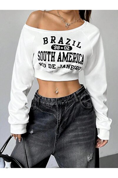 Afri Crop Swea alb pentru femei Brazilia America de Sud cu imprimeu Omuzu Açı...