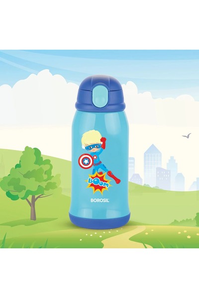 Borosil Superhero Kids Sipper Water Bottle 500ml, Stainless Steel, Hot & Cold 12 Hrs,Straw & Carry Bag-Blue