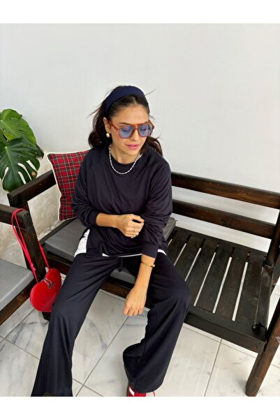 Modayakamoz Women's Crew Neck Athlete Detail Sweat and Flared Leg Loose Detail Trousers Double Set