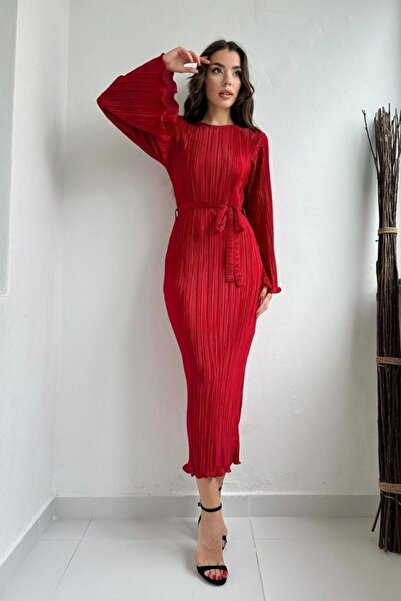 VİZYONER Red Spanish Sleeve Pleated Dress