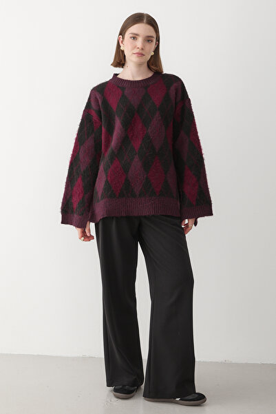 JASTE Women's Oversize Argyle Patterned Knitwear Sweater