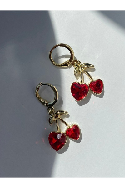 stainles steel Altın Renk Kırmızı Kalp Taşlı Kiraz Küpe
