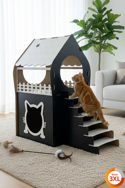 Genel Markalar 3XL Kedi Evi – Siyah Beyaz, Merdivenli, İki Katlı MDF, 91×92×5...