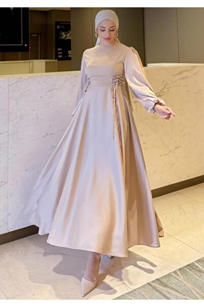 TESETTÜR AKBAŞ Yanlardan Büzmeli Saten Abiye Elbise