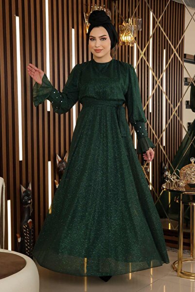 Missvalle Taş Detaylı Simli Şifon Abiye Zümrüt 19113