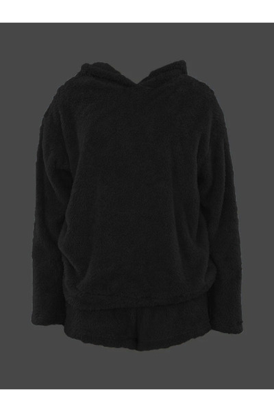 Genel Markalar Kadın Uzun Kollu Meow Kedi Nakışlı Kapşonlu Peluş Sweat Ve Short Ikili Takım