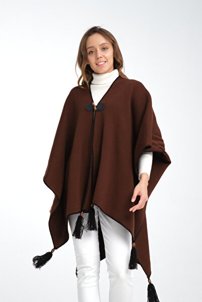 Genel Markalar Düz Püsküllü Triko Panço - Balıkçı Dikişli Oversize Kadın Panç...