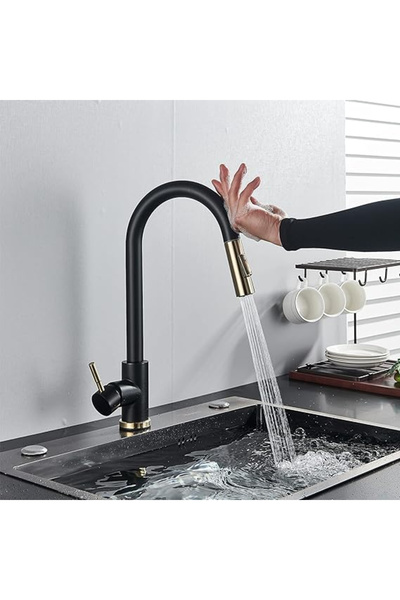 BisDesign Kitchen sink mixer, Pull-out shower, Matte black/Gold, 2 flow functions, Size 39 cm