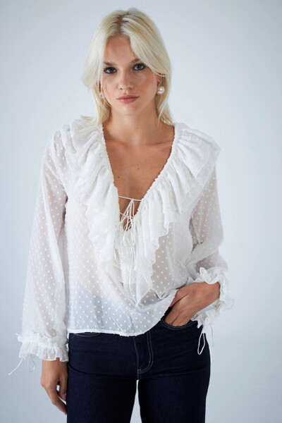 Cool & Sexy Women's White Self-Patterned Ruffled Transparent Blouse Fro0058