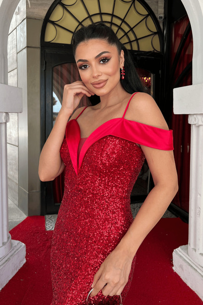 giyimmasalı Sequin Fabric Boat Neck Evening Dress - Red