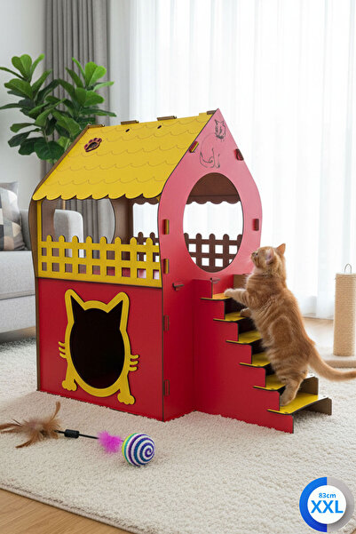 teknomooji XXL Kedi Evi – Kırmızı Sarı, Merdivenli, İki Katlı MDF, 83×81×40 cm