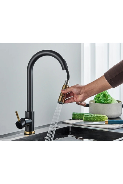 BisDesign Baterie chiuvetă bucătărie, Duș extensibil, Negru mat/Auriu, 2 funcții de debit, Dimensiune 39 cm