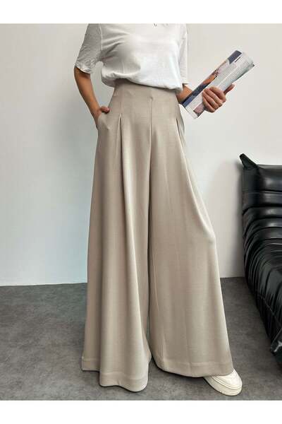 Hatun Atila High-Waisted Pleated Detail Wide Leg Pants 8909 - Beige