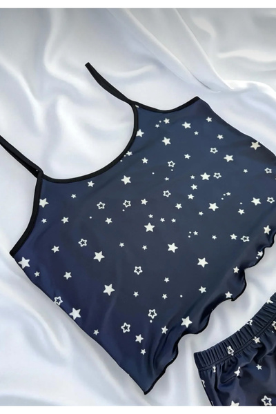 Cicişim Navy Blue Strappy Star Patterned Shorts Pajama Set