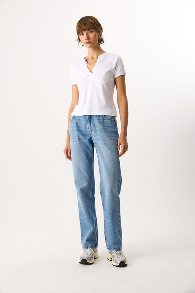 VENA Ribbed 100% Cotton T-Shirt with Snap Collar - White