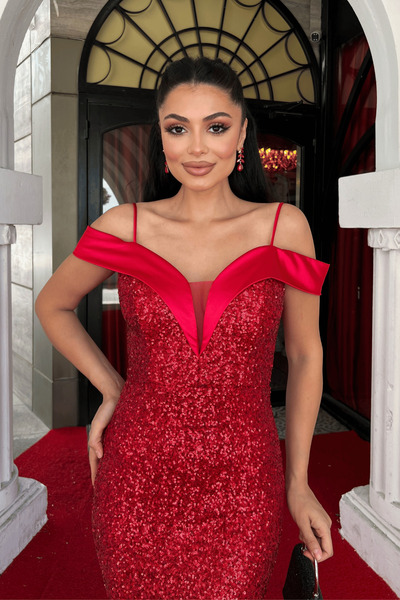 giyimmasalı Sequin Fabric Boat Neck Evening Dress - Red