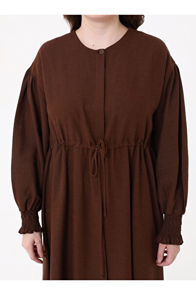 ALİA Beli Bağlamalı Önü Patlı Büyük Beden Elbise - Kahverengi -