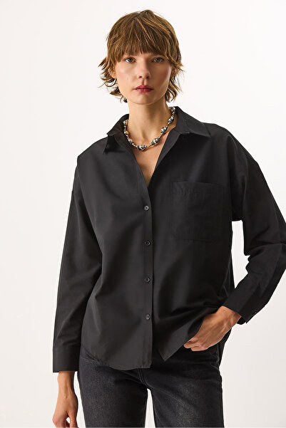 VENA Women's Regular Fit Pocketed 100% Cotton Poplin Shirt - Black